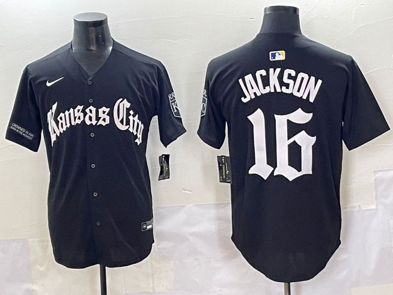 Men 2025 Kansas City Royals #16 Jackson Black Five generations Joint Name Nike MLB Jersey style 2